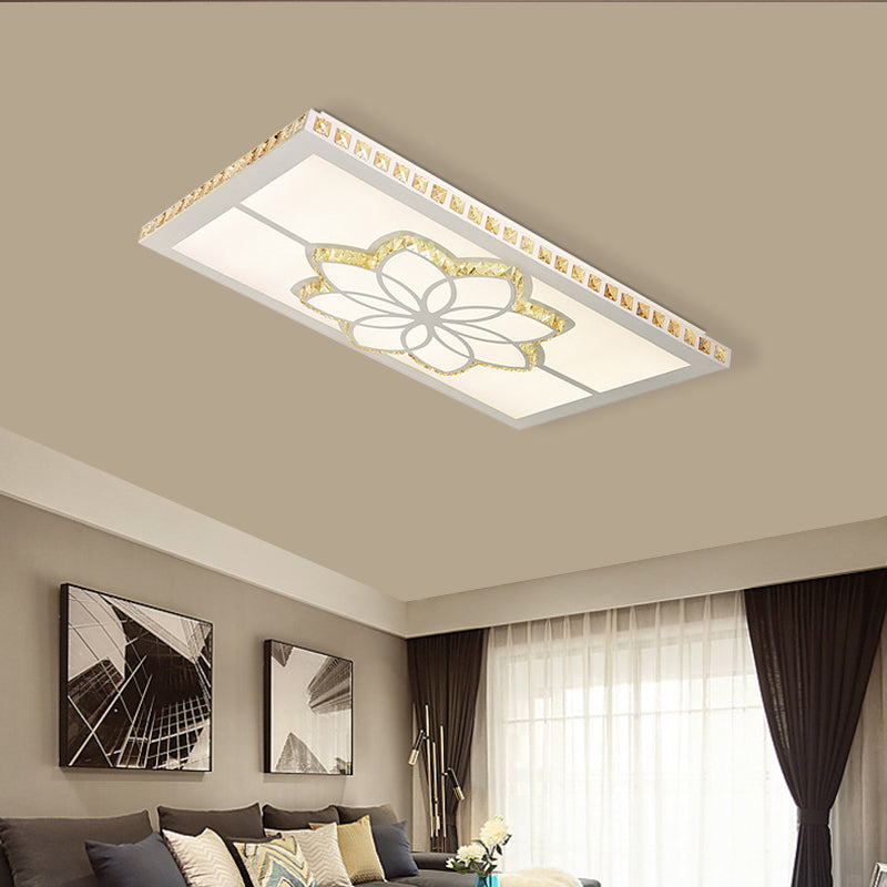 Contemporary Crystal Rectangle Ceiling Flush Mount with White LED Lighting for Living Room - Flower Pattern in 3 Color Options