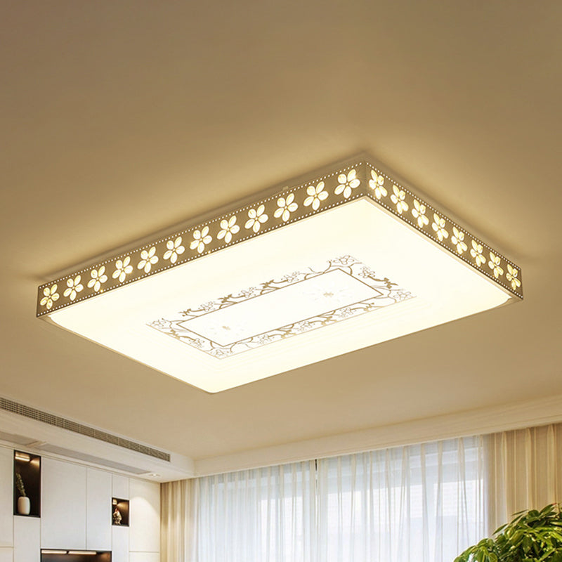 Rectangular LED Crystal Ceiling Light, Simple White Flush Mount for Living Room with 3 Color Lights