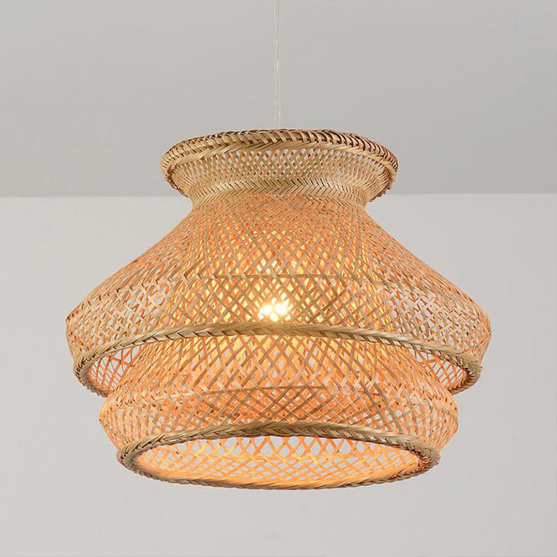 Retro Wood Suspension Ceiling Light With Bamboo Shade - 2-Tier Hanging 1 Bulb