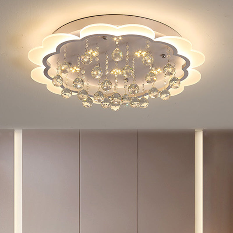 Modern Crystal Ball Flush Mount Light - White Flower Design - 22"/25.5"/31.5" Wide - LED Ceiling Light with Remote Control - Stepless Dimming - Warm or White Light