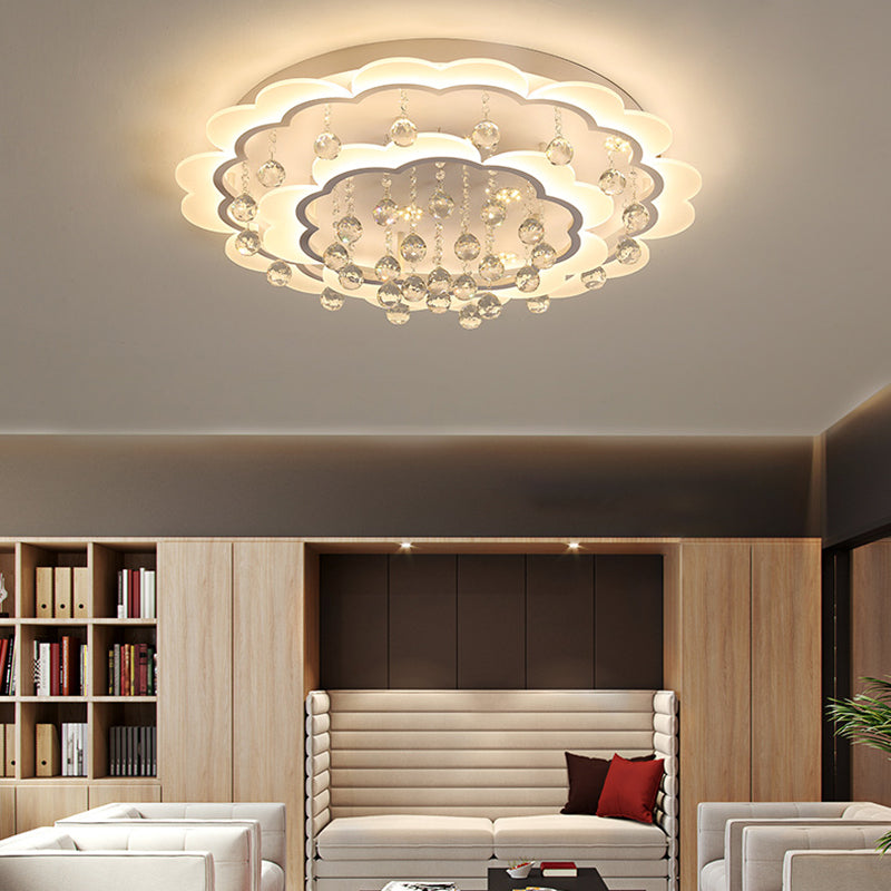 Modern Crystal Ball Flush Mount Light - White Flower Design - 22"/25.5"/31.5" Wide - LED Ceiling Light with Remote Control - Stepless Dimming - Warm or White Light