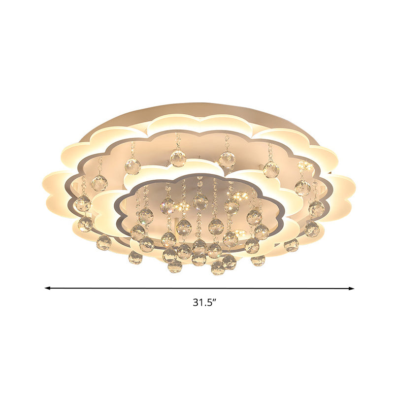 Modern Crystal Ball Flush Mount Light - White Flower Design - 22"/25.5"/31.5" Wide - LED Ceiling Light with Remote Control - Stepless Dimming - Warm or White Light