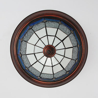 Vintage Industrial Dome Flushmount Ceiling Light with Stained Glass in White/Clear/Blue