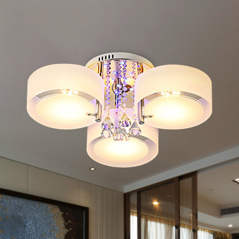 Modern Drum Flush Mount with Frosted Glass & Crystal Drop - 3/5/6 Head White Ceiling Light