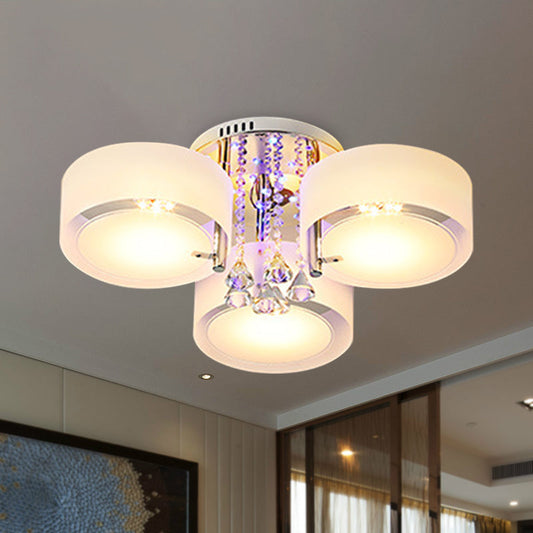 Modern Drum Flush Mount with Frosted Glass & Crystal Drop - 3/5/6 Head White Ceiling Light