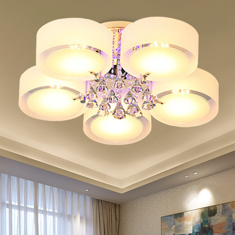 Modern Drum Flush Mount with Frosted Glass & Crystal Drop - 3/5/6 Head White Ceiling Light