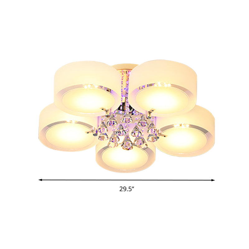 Modern Drum Flush Mount with Frosted Glass & Crystal Drop - 3/5/6 Head White Ceiling Light