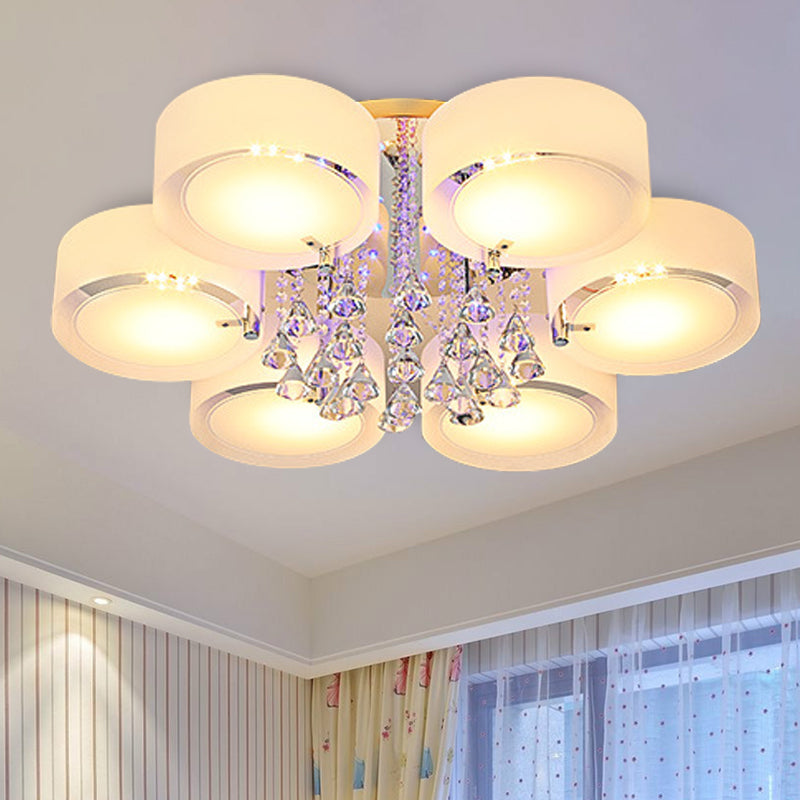 Modern Drum Flush Mount with Frosted Glass & Crystal Drop - 3/5/6 Head White Ceiling Light