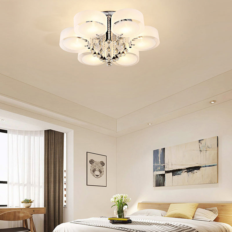 Modern Drum Flush Mount with Frosted Glass & Crystal Drop - 3/5/6 Head White Ceiling Light