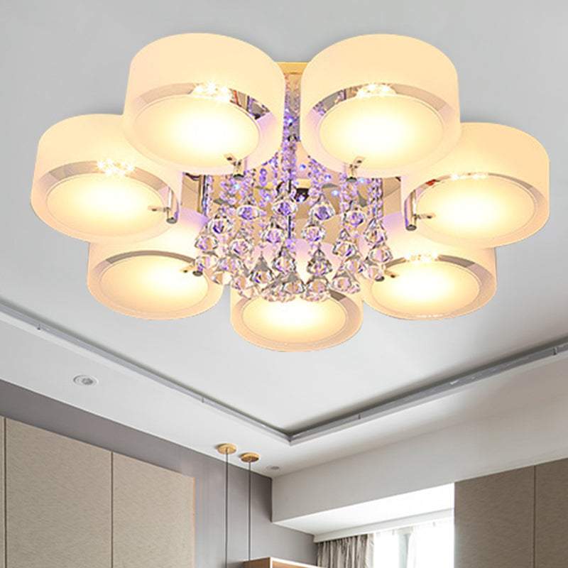 Modern Drum Flush Mount with Frosted Glass & Crystal Drop - 3/5/6 Head White Ceiling Light