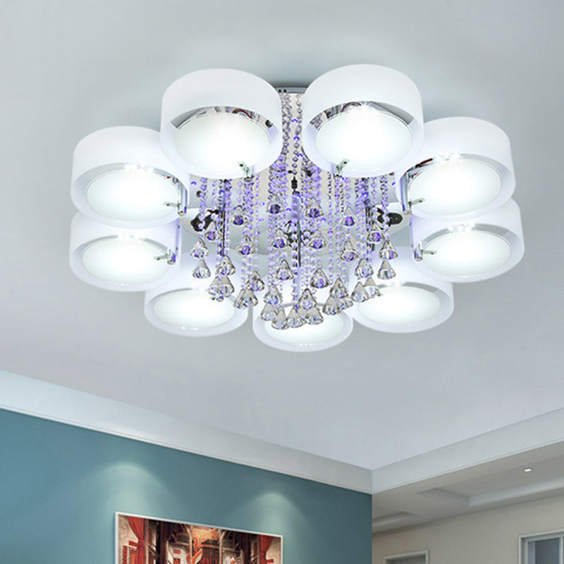 Modern Drum Flush Mount with Frosted Glass & Crystal Drop - 3/5/6 Head White Ceiling Light