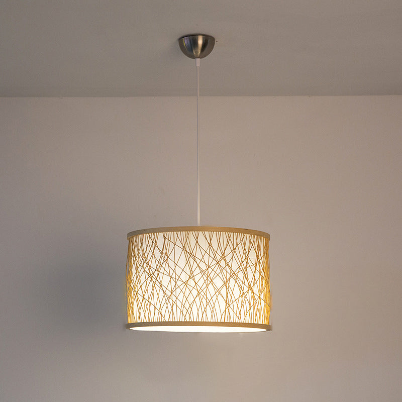 Modern Bamboo Pendant Lighting with Cylindrical Design - Wood Fixture, 1 Bulb Hanging Light