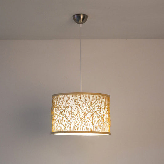 Modern Bamboo Pendant Lighting with Cylindrical Design - Wood Fixture, 1 Bulb Hanging Light
