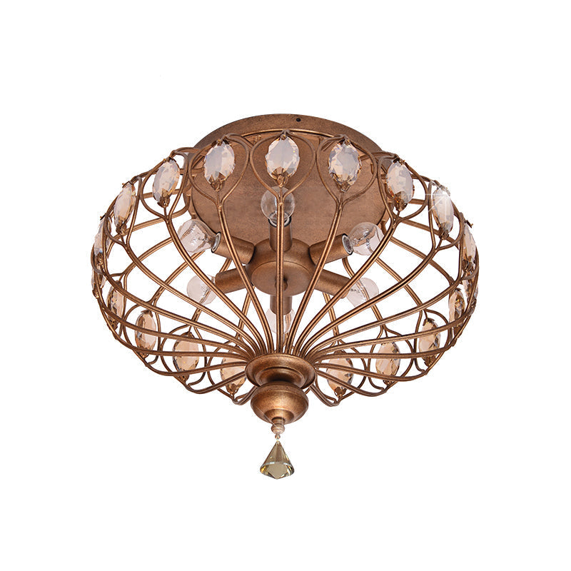 Metal Cage Crystal Flush Mount Lamp, 3/6 Lights, Brass