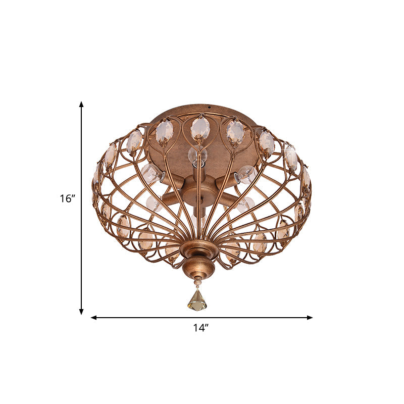 Metal Cage Crystal Flush Mount Lamp, 3/6 Lights, Brass