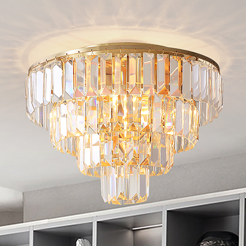 Vintage Crystal Block Flush Mount Lamp - 16"/19.5" Dia, 5/6 Heads, Gold Finish