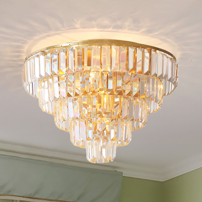 Vintage Crystal Block Flush Mount Lamp - 16"/19.5" Dia, 5/6 Heads, Gold Finish