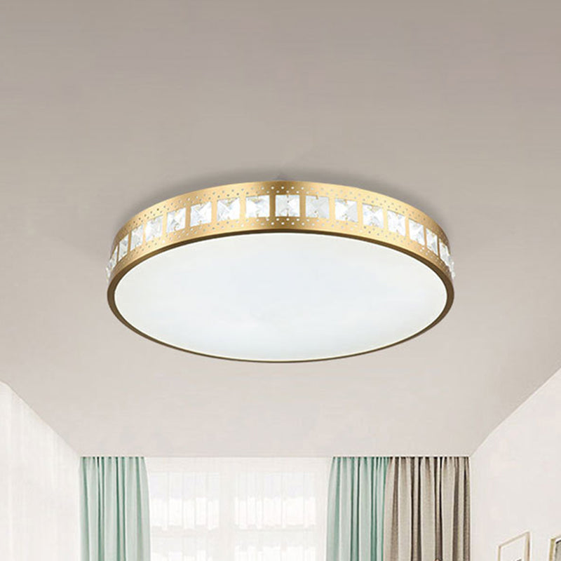 Simple K9 Crystal Gold Drum Ceiling Light - LED Flush Mount Fixture (16"/19.5"/23.5") - 3 Color Options/Remote Control Dimming