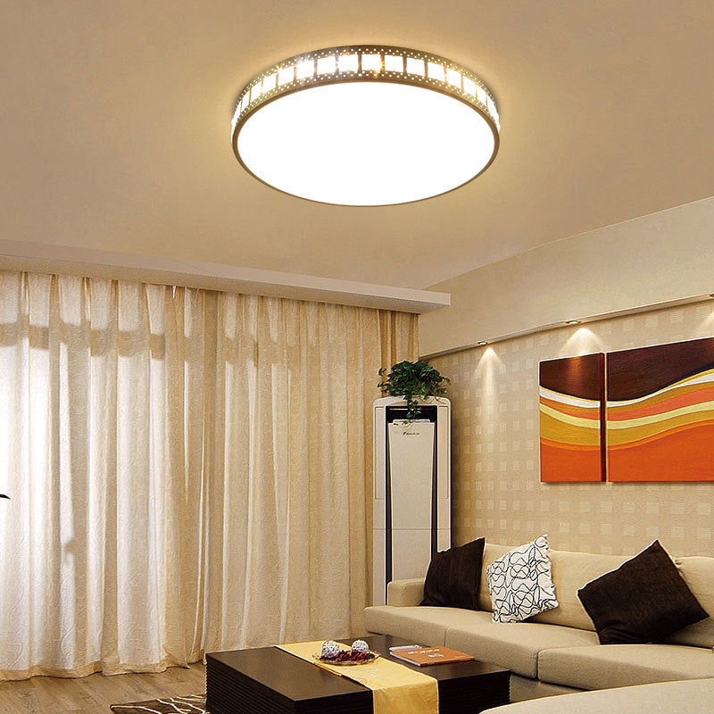 Simple K9 Crystal Gold Drum Ceiling Light - LED Flush Mount Fixture (16"/19.5"/23.5") - 3 Color Options/Remote Control Dimming