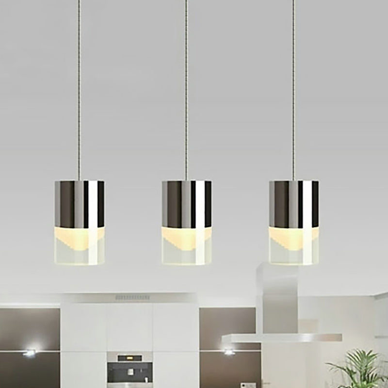 Modern Metal & Glass Chrome Triple Light Cylinder Pendant Lamp For Bar / White
