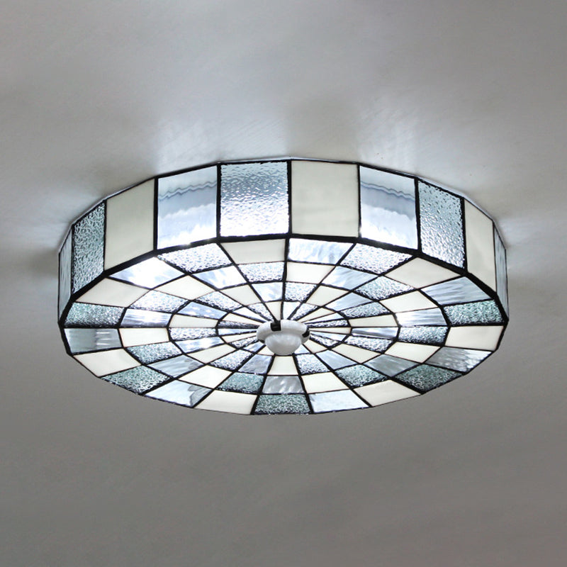 Rustic Stained Glass Flushmount Ceiling Light - Round 1-Light Fixture in Blue/White for Bedroom