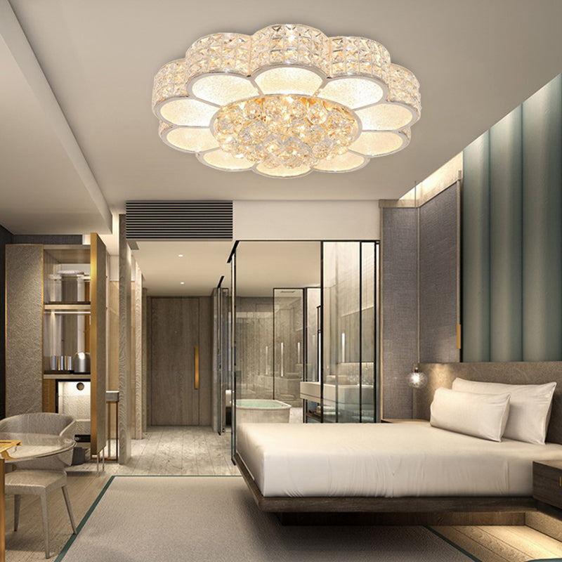 Flower Bedroom Ceiling Fixture: Clear Crystal Block LED Flush Mount Light with 3 Color Light Options