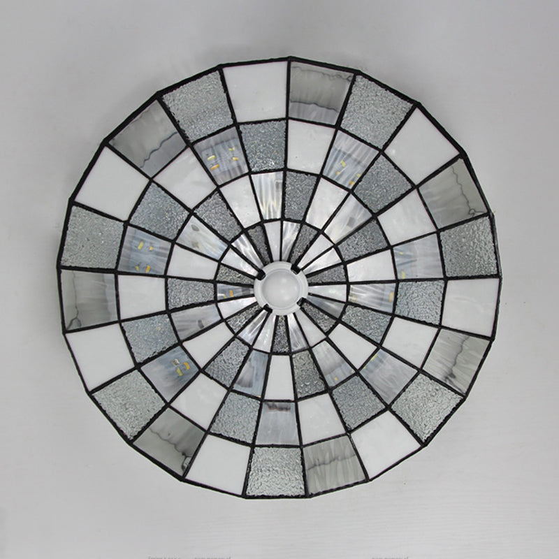 Rustic Stained Glass Flushmount Ceiling Light - Round 1-Light Fixture in Blue/White for Bedroom
