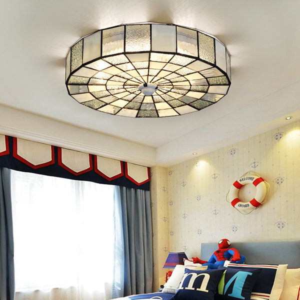 Rustic Stained Glass Flushmount Ceiling Light - Round 1-Light Fixture in Blue/White for Bedroom
