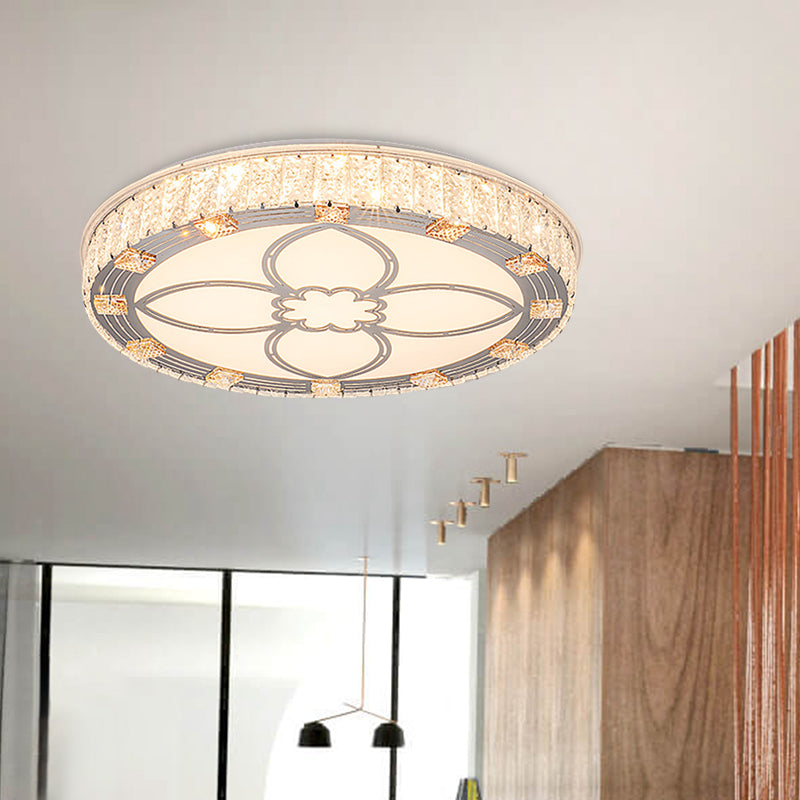 Contemporary Round Flush Mount LED Ceiling Light - White Acrylic Fixture with Crystal Accent
