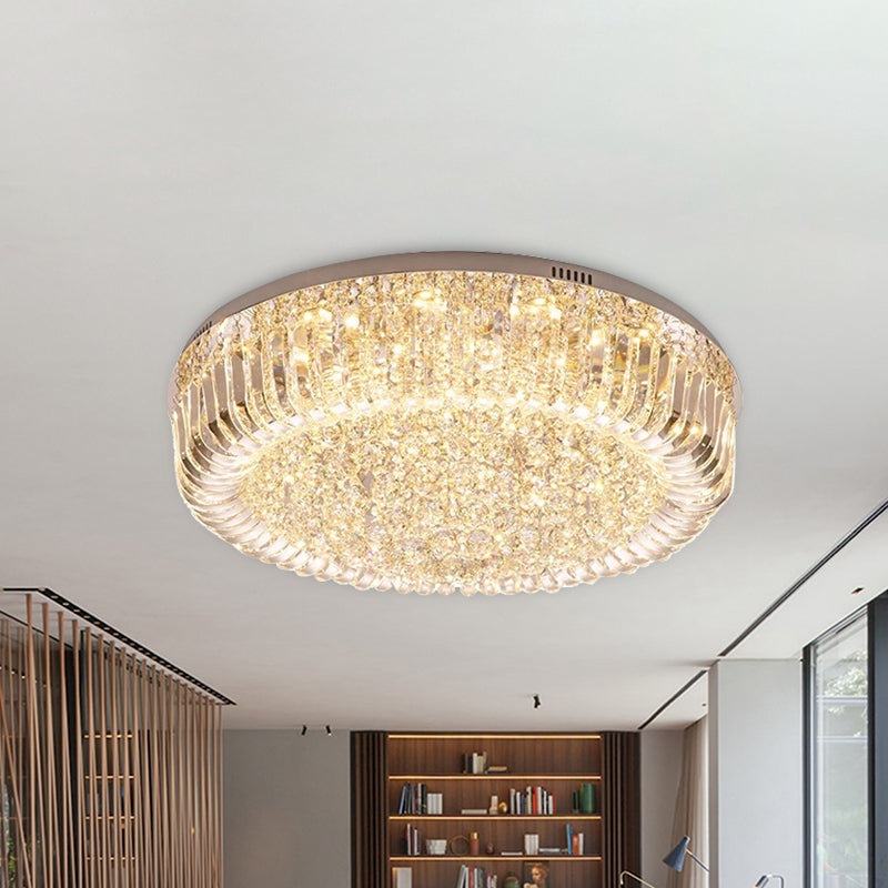 Modern Clear Faceted Crystal Drum LED Ceiling Light Fixture - Flush Mount; Warm/White/3 Color Lighting