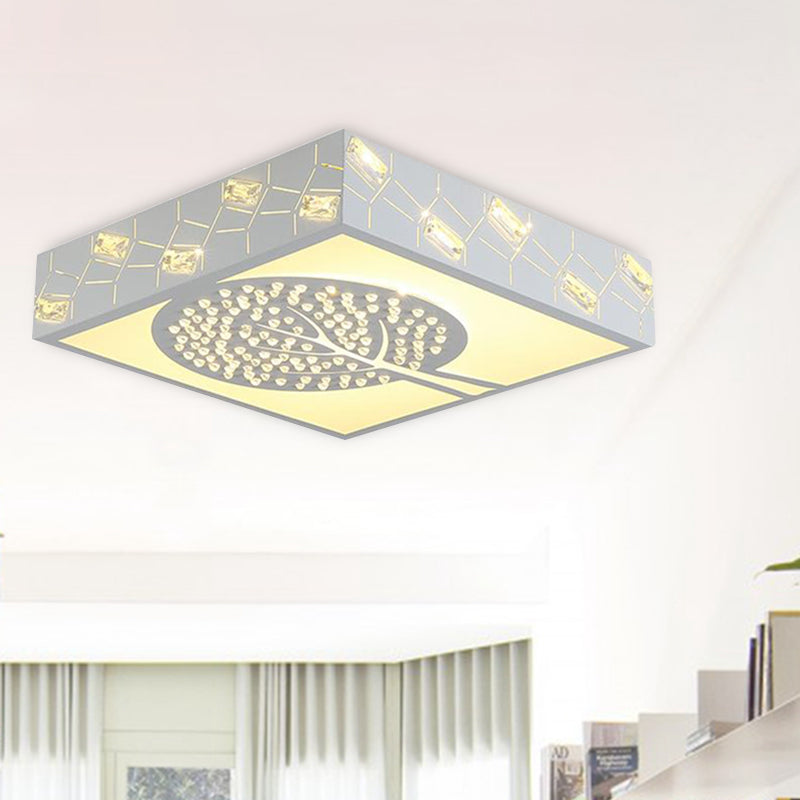 Nordic White K9 Crystal LED Ceiling Light - Square Flush Mount with 3 Lighting Options