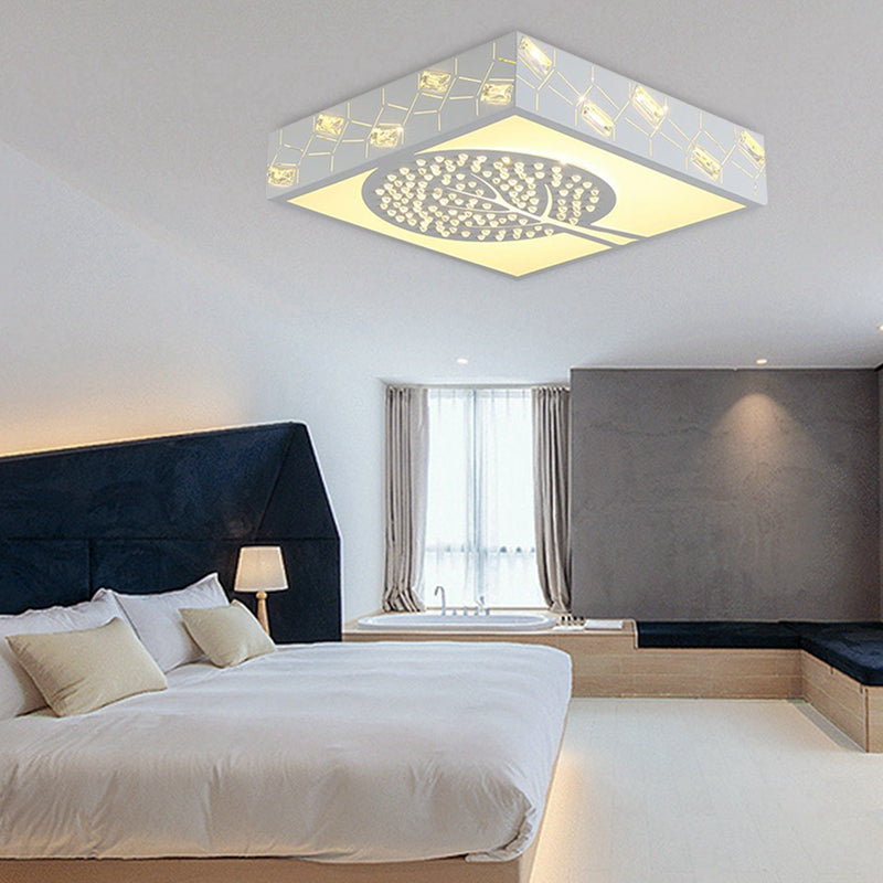 Nordic White K9 Crystal LED Ceiling Light - Square Flush Mount with 3 Lighting Options