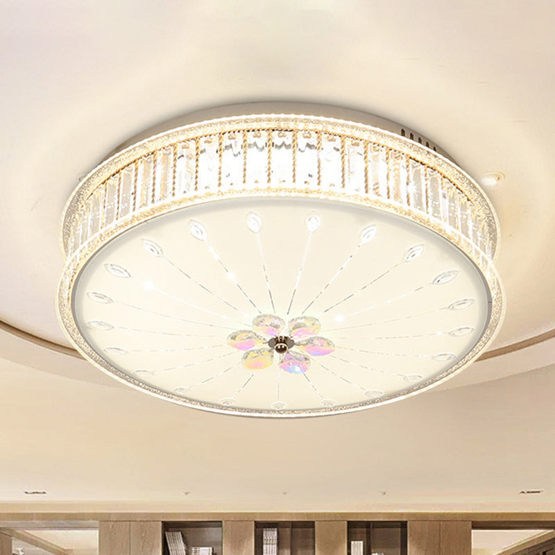 Minimalist White LED Ceiling Light Fixture with Drum Clear Faceted Crystal Flush Lamp