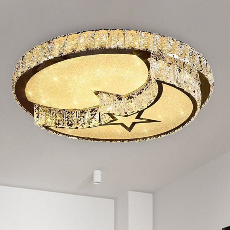Modern LED Ceiling Light with White Moon and Star/Heart Design, Crystal Block Accent - Perfect for Bedroom