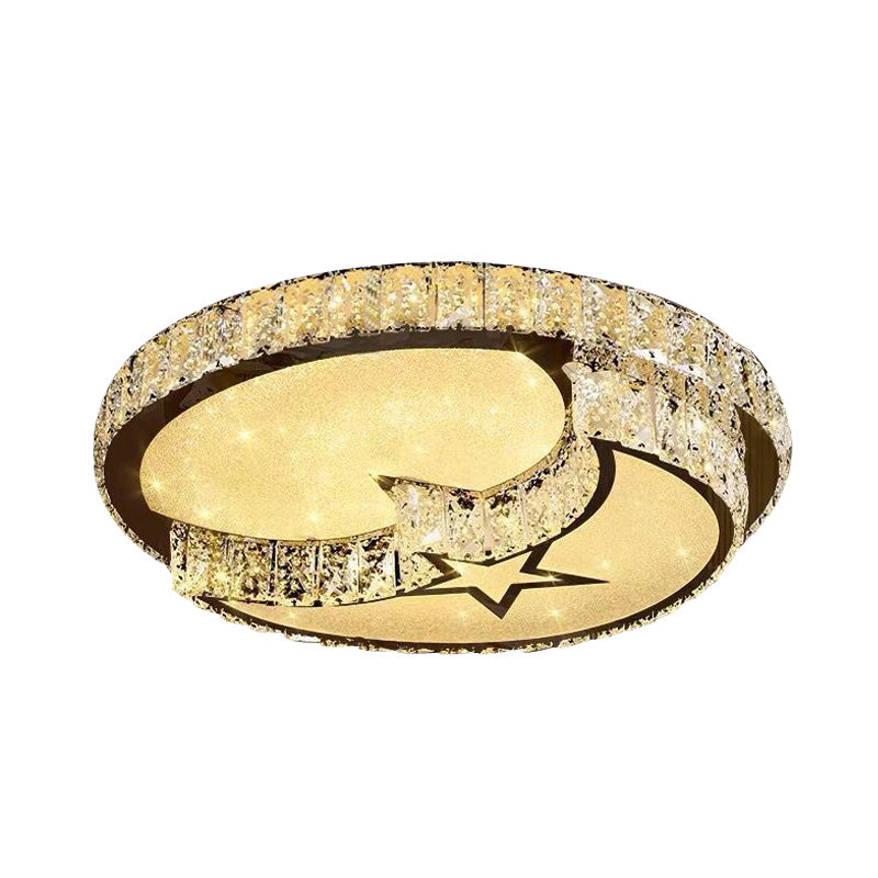 Modern LED Ceiling Light with White Moon and Star/Heart Design, Crystal Block Accent - Perfect for Bedroom