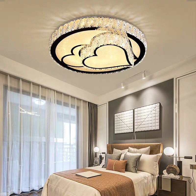 Modern LED Ceiling Light with White Moon and Star/Heart Design, Crystal Block Accent - Perfect for Bedroom
