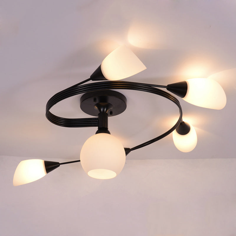 Twisted Living Room Semi Mount Lighting - Traditional Frosted Glass Ceiling Light with 4/6 Lights in Black or White