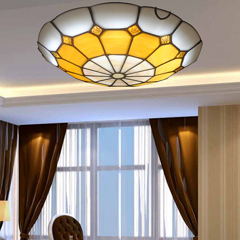Vintage Stained Glass Flush Mount Ceiling Light, Wide Bowl-Shaped Design (12"/16"), Orange