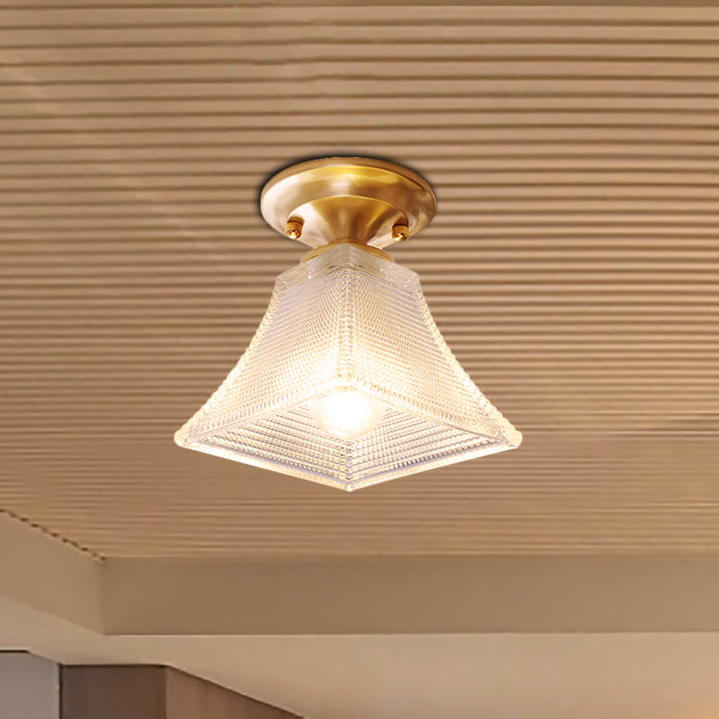 Colonial Brass Clear Ribbed Glass Flush Mount Light - 7.5"/8" Width, Cone/Bell Ceiling Fixture, Single Bulb, Ideal for Hallway
