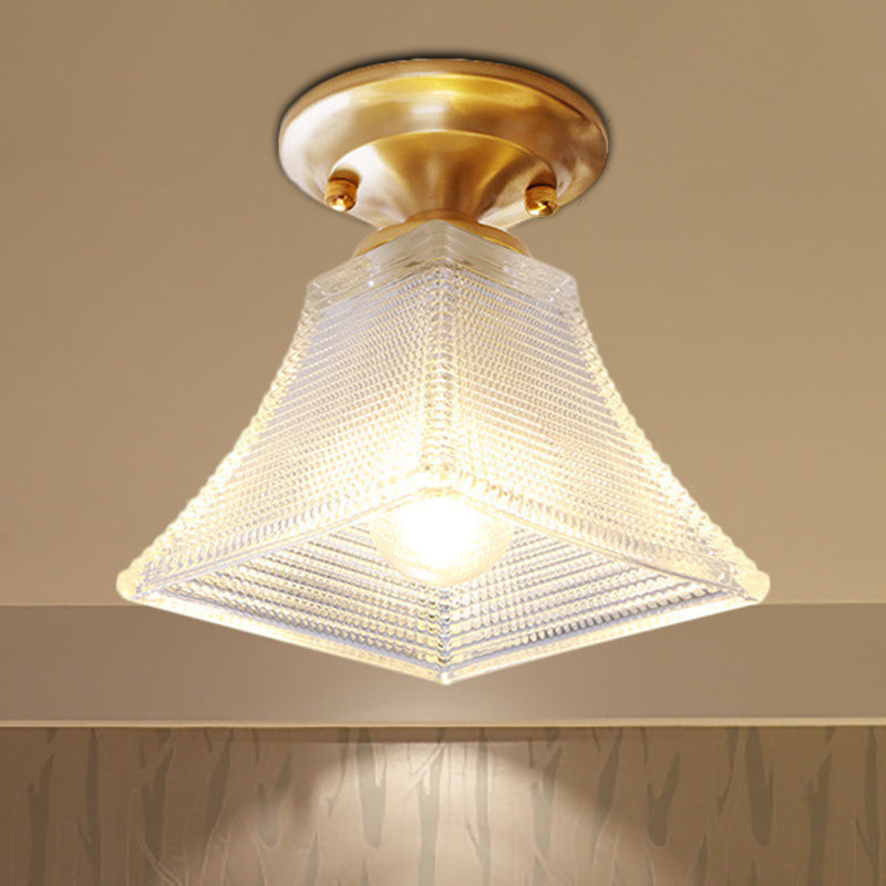 Colonial Brass Clear Ribbed Glass Flush Mount Light - 7.5"/8" Width, Cone/Bell Ceiling Fixture, Single Bulb, Ideal for Hallway