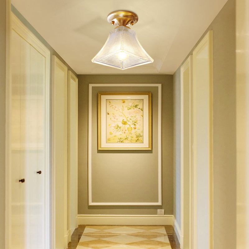 Colonial Brass Clear Ribbed Glass Flush Mount Light - 7.5"/8" Width, Cone/Bell Ceiling Fixture, Single Bulb, Ideal for Hallway
