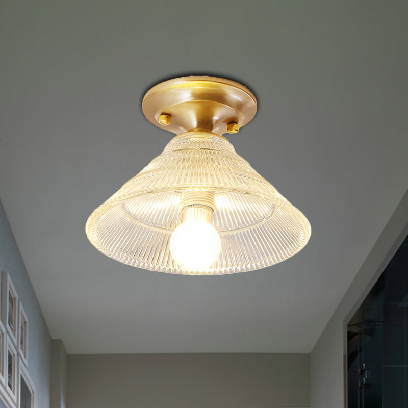 Colonial Brass Clear Ribbed Glass Flush Mount Light - 7.5"/8" Width, Cone/Bell Ceiling Fixture, Single Bulb, Ideal for Hallway