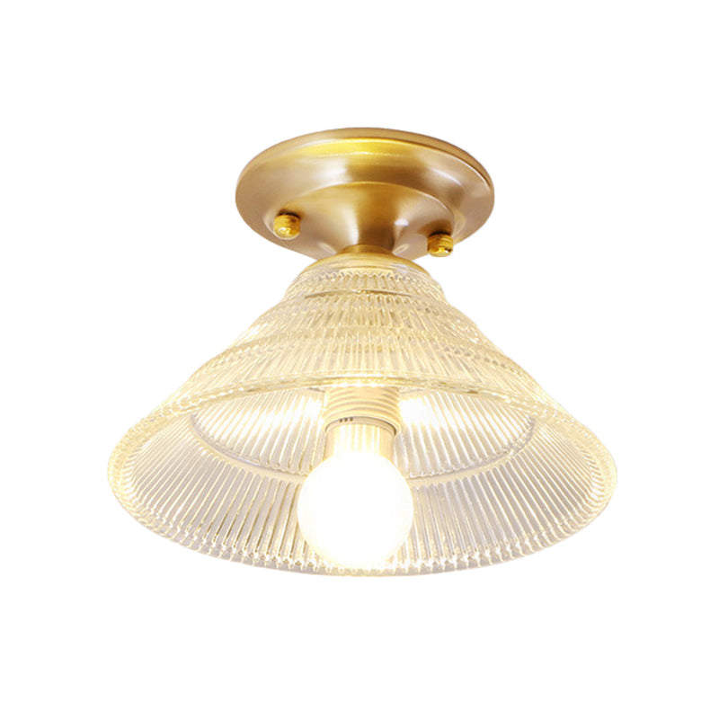 Colonial Brass Clear Ribbed Glass Flush Mount Light - 7.5"/8" Width, Cone/Bell Ceiling Fixture, Single Bulb, Ideal for Hallway