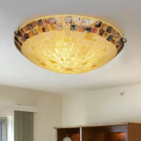 Vintage Mosaic Glass Flush Mount Ceiling Light - Beige Bowl, 1 Bulb, 12"/16"/19.5" Wide - Ideal for Dining Room