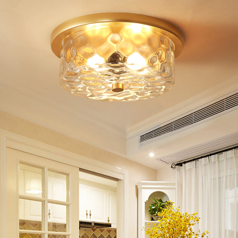 Colonial Drum Ceiling Light Fixture, Clear Dimple Glass, Brass Flush Mount for Living Room - 3 Bulbs