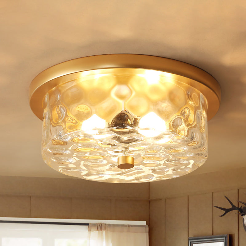 Colonial Drum Ceiling Light Fixture, Clear Dimple Glass, Brass Flush Mount for Living Room - 3 Bulbs