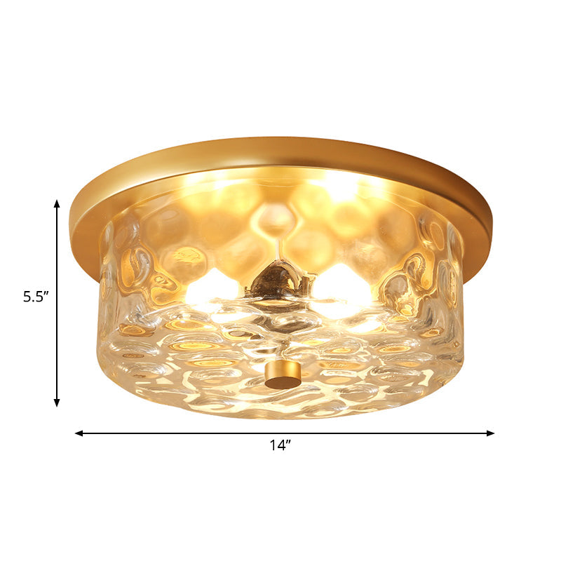 Colonial Drum Ceiling Light Fixture, Clear Dimple Glass, Brass Flush Mount for Living Room - 3 Bulbs
