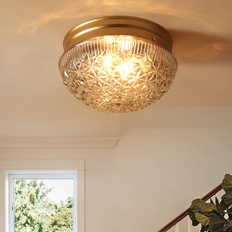 Colonial Gold Flush Mount Ceiling Light Fixture with Clear Ribbed Glass for Bedroom - Set of 2 Bulbs