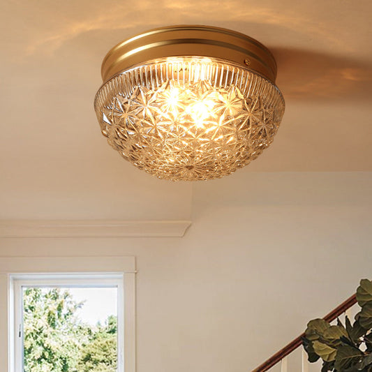 Colonial Gold Flush Mount Ceiling Light Fixture with Clear Ribbed Glass for Bedroom - Set of 2 Bulbs