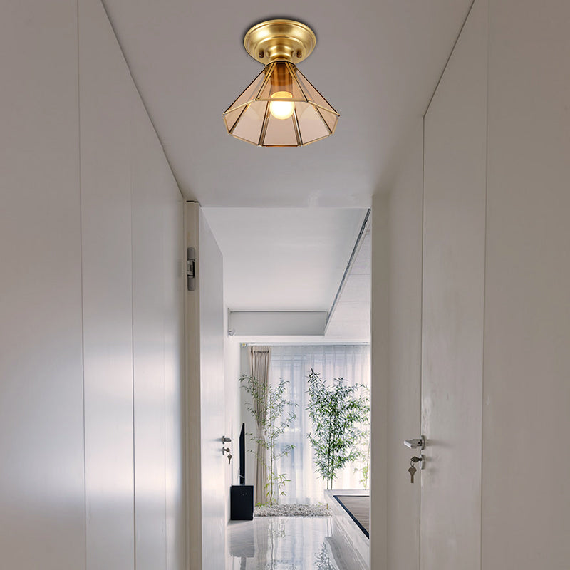 Beveled Glass Flush Mount Ceiling Light with Colonial Brass Cone Design